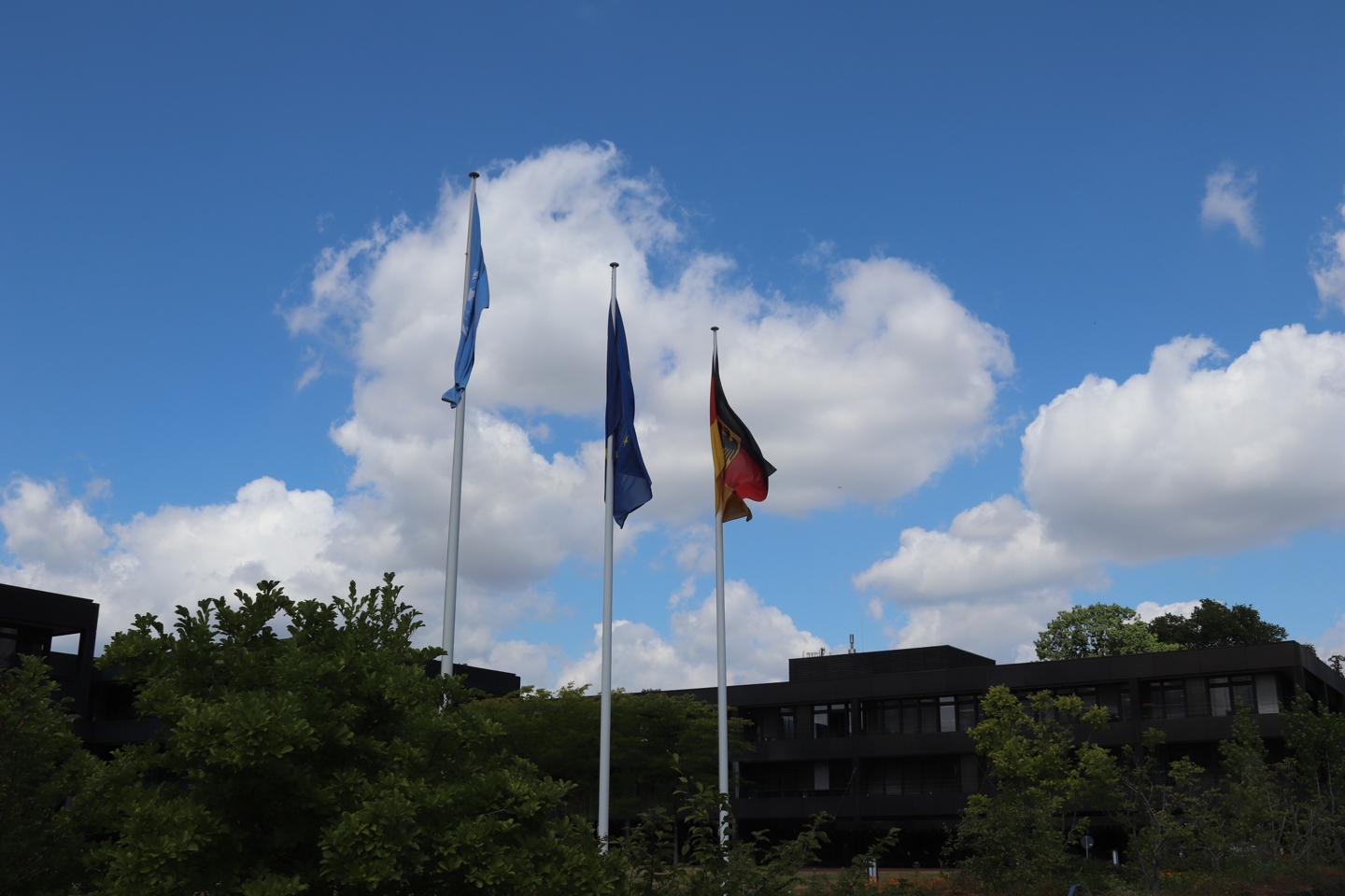 Three flagpoles. One with the german flag, one with the european flag and the last one is the flag of the united nations.